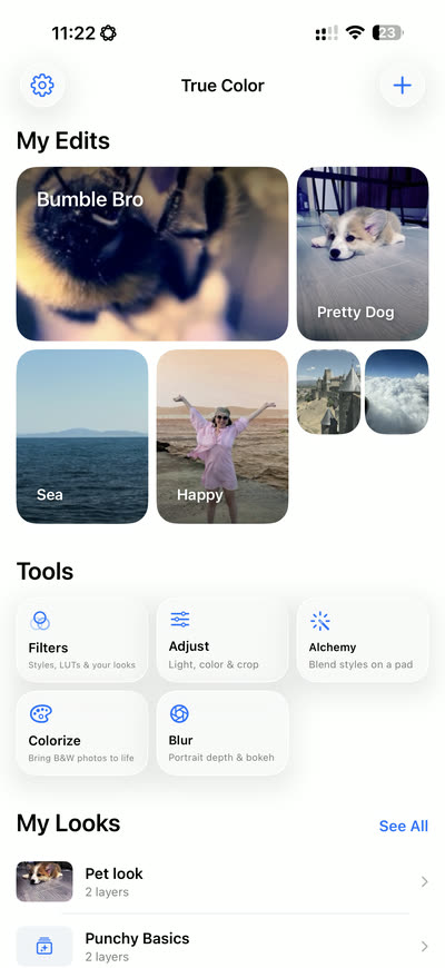 The True Color home screen with saved edits, the tool grid and saved Looks