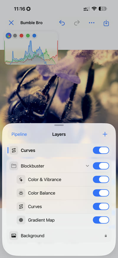 The layers panel showing a stack of adjustment layers grouped into a folder