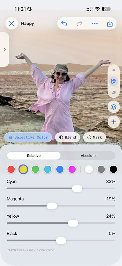 The Selective Color panel with CMYK sliders for a single colour range