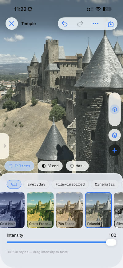 The Filters gallery with built-in styles and an intensity slider
